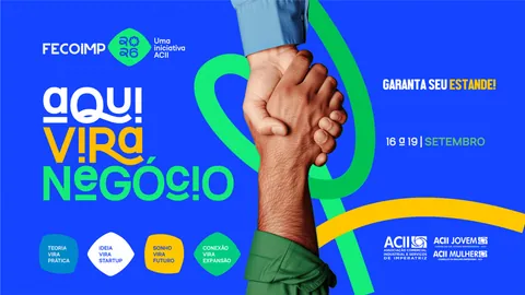 Arte da Fecoimp 2026 com o tema Aqui Vira Negócio